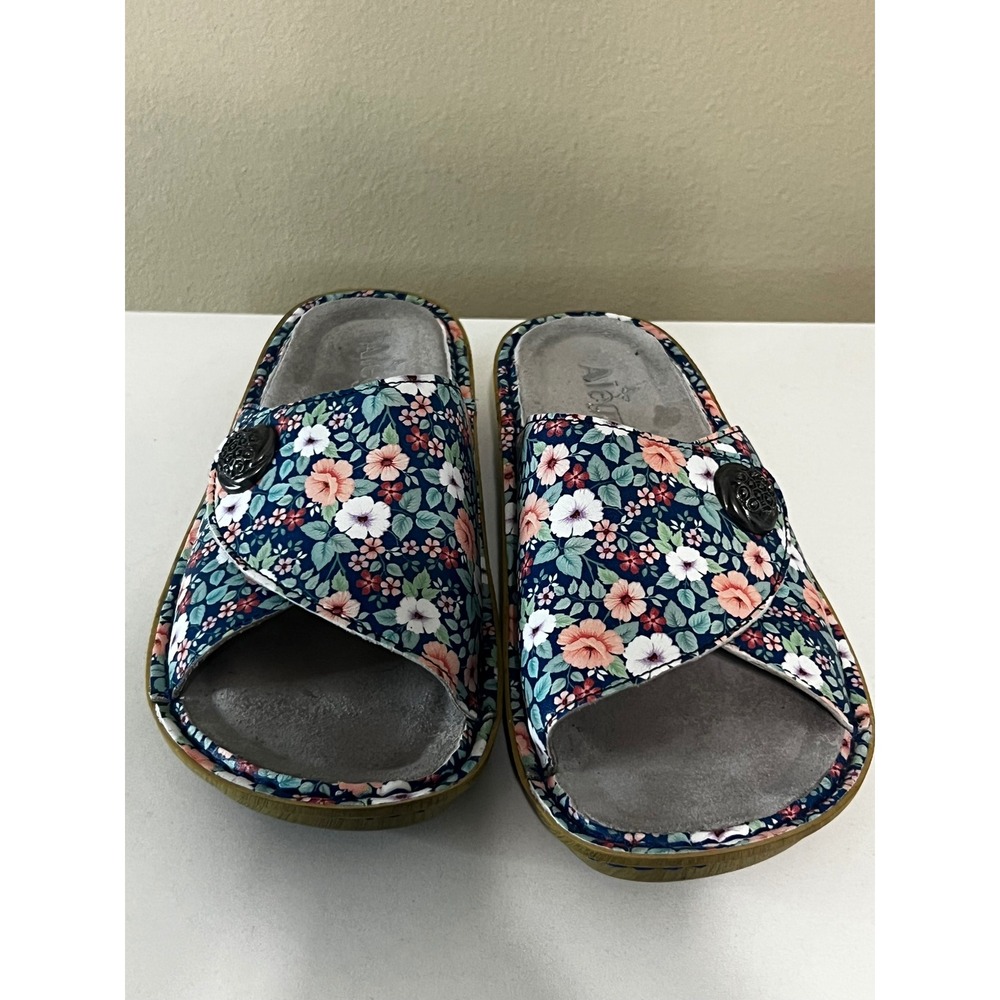 Alegria Floral Leather Slide Sandals Comfort Shoes Navy Boho EU 39